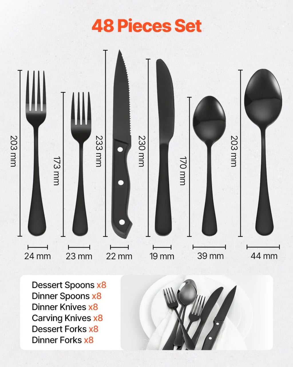 48-piece Black Stainless Steel Silverware Set for 8
