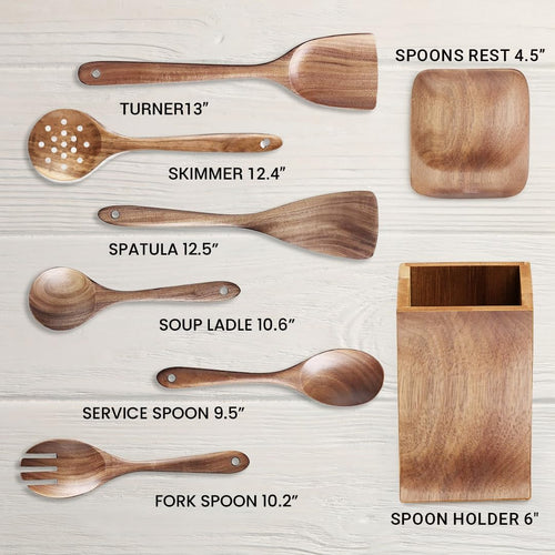 8 Piece Wood Kitchen Cooking Utensil Set for Nonstick Pans